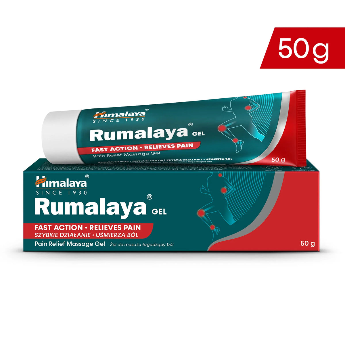 Himalaya Rumalaya gel 50g shown with its retail box and a single tube, on a clean white background with a red '50g' badge in the top right.