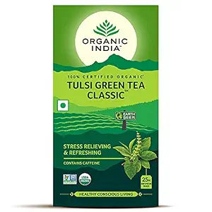 Organic India Tulsi Green Tea Classic – zielona herbata z tulsi, 25 torebek – opakowanie