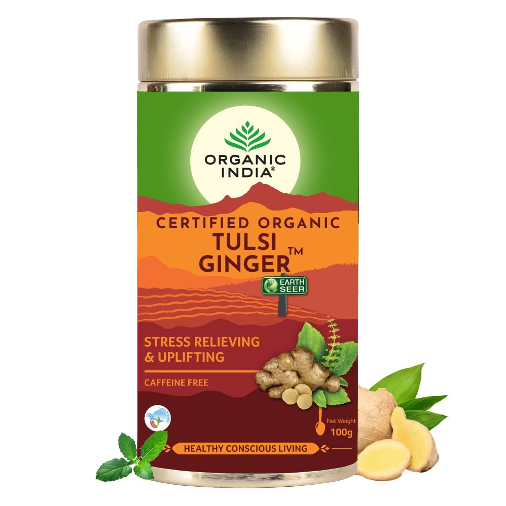 Organic India Tulsi Ginger – herbata liściasta z tulsi i imbirem 100 g – opakowanie