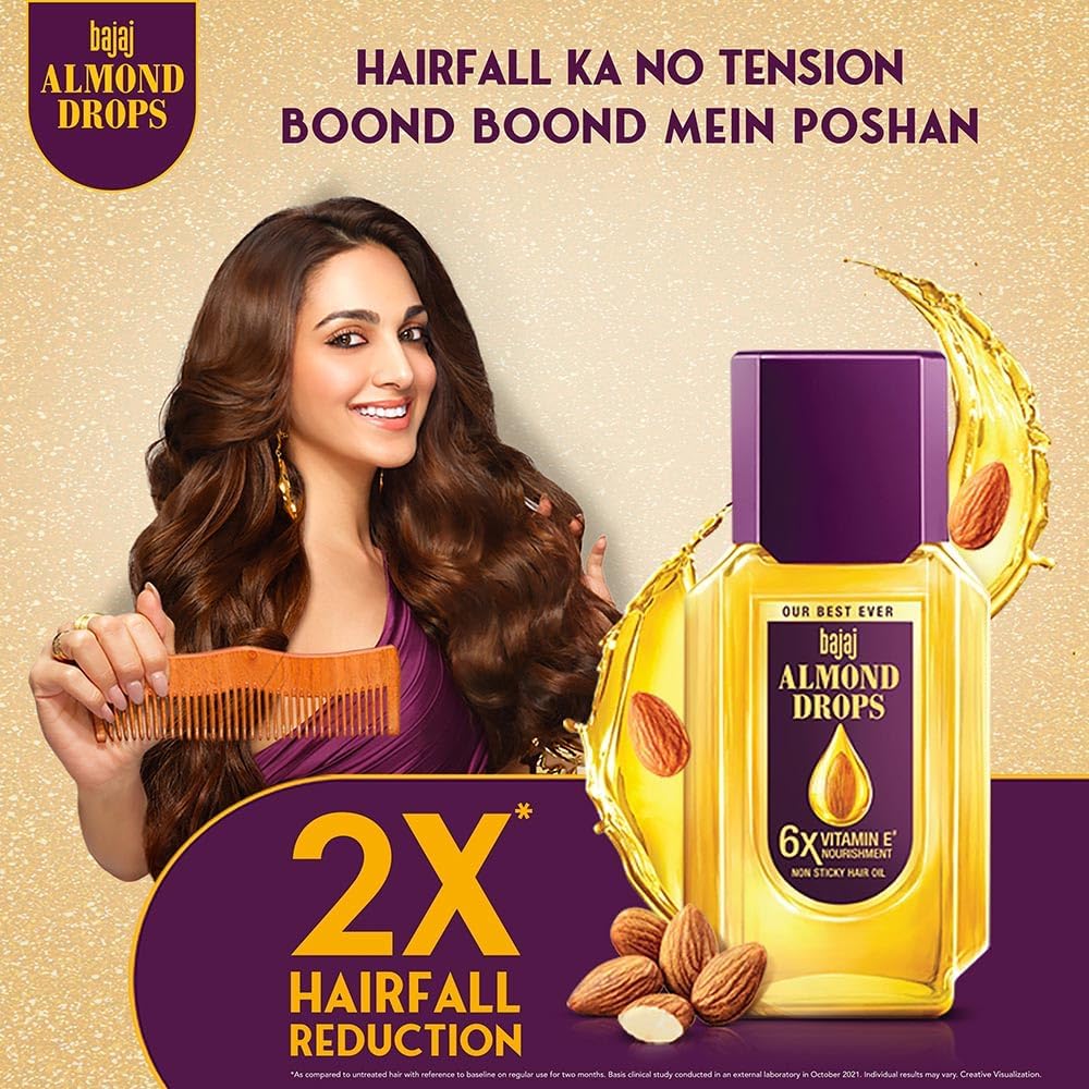 Advertisement for Bajaj Almond Drops hair oil with a woman holding a comb and the product.
