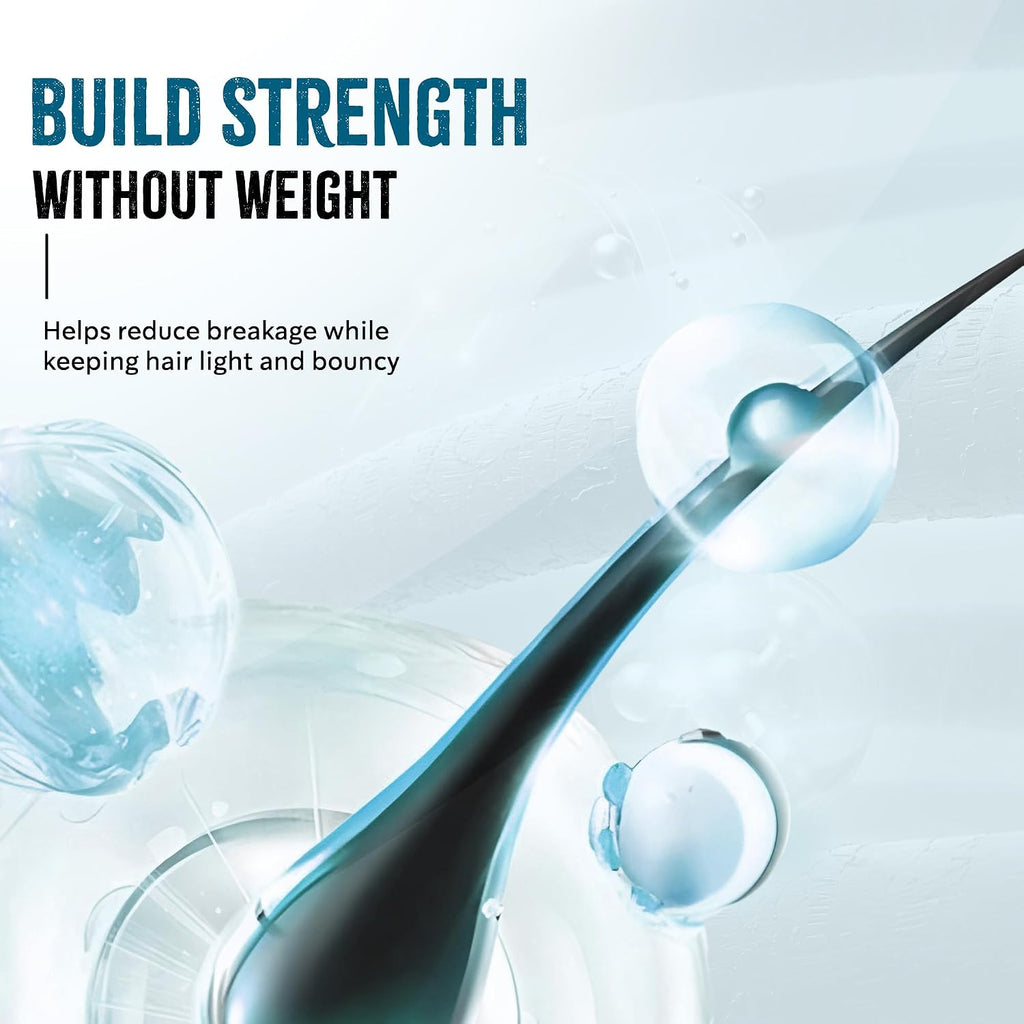 Hair product with text 'Build Strength Without Weight' on a light blue background