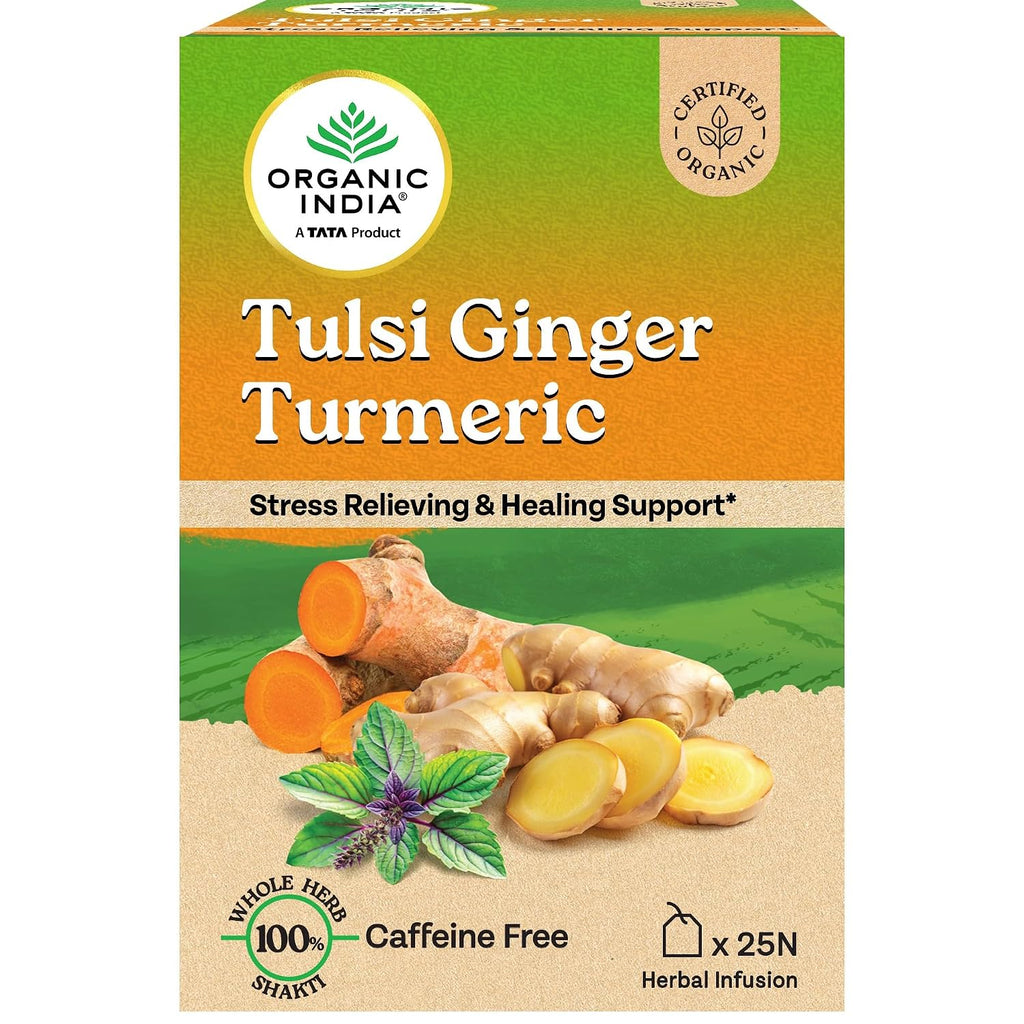 Organic India Tulsi Turmeric Ginger – herbata tulsi z kurkumą i imbirem, 25 torebek – opakowanie