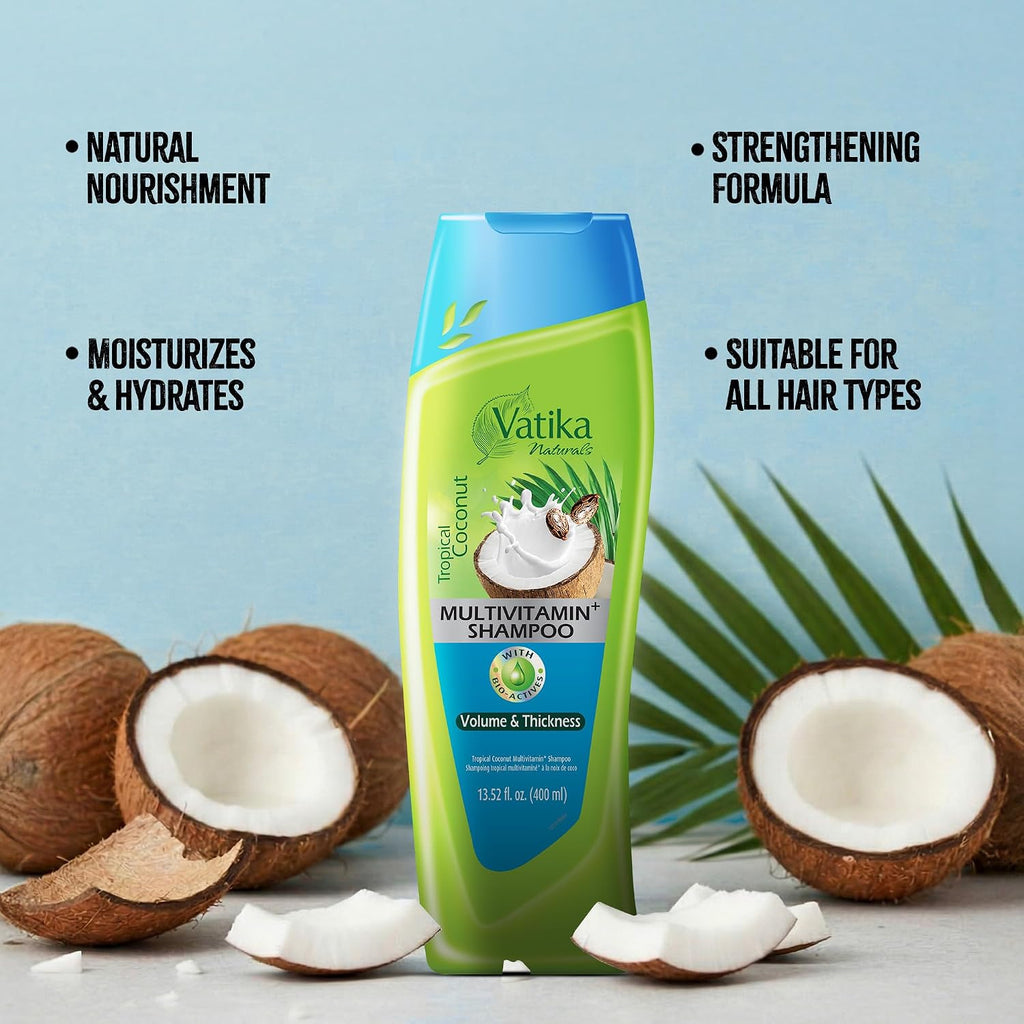 Vatika Multivitamin Shampoo bottle with coconuts on a light blue background
