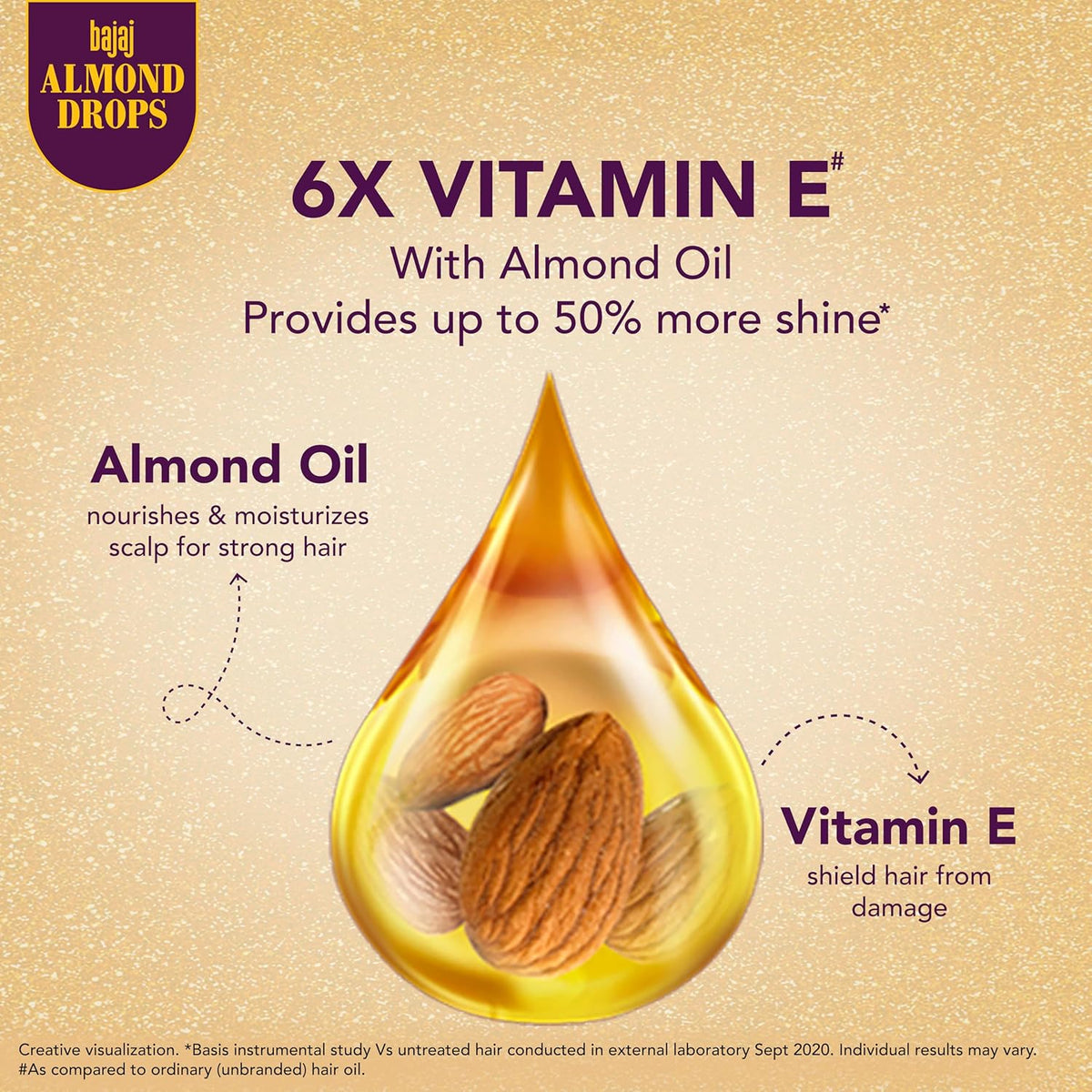 Bajaj Almond Drops with almond oil and vitamin E benefits on a beige background.