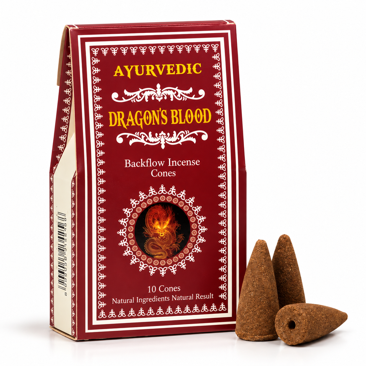 A box of Ayurvedic Dragon's Blood Backflow Incense Cones next to three brown incense cones on a white background.