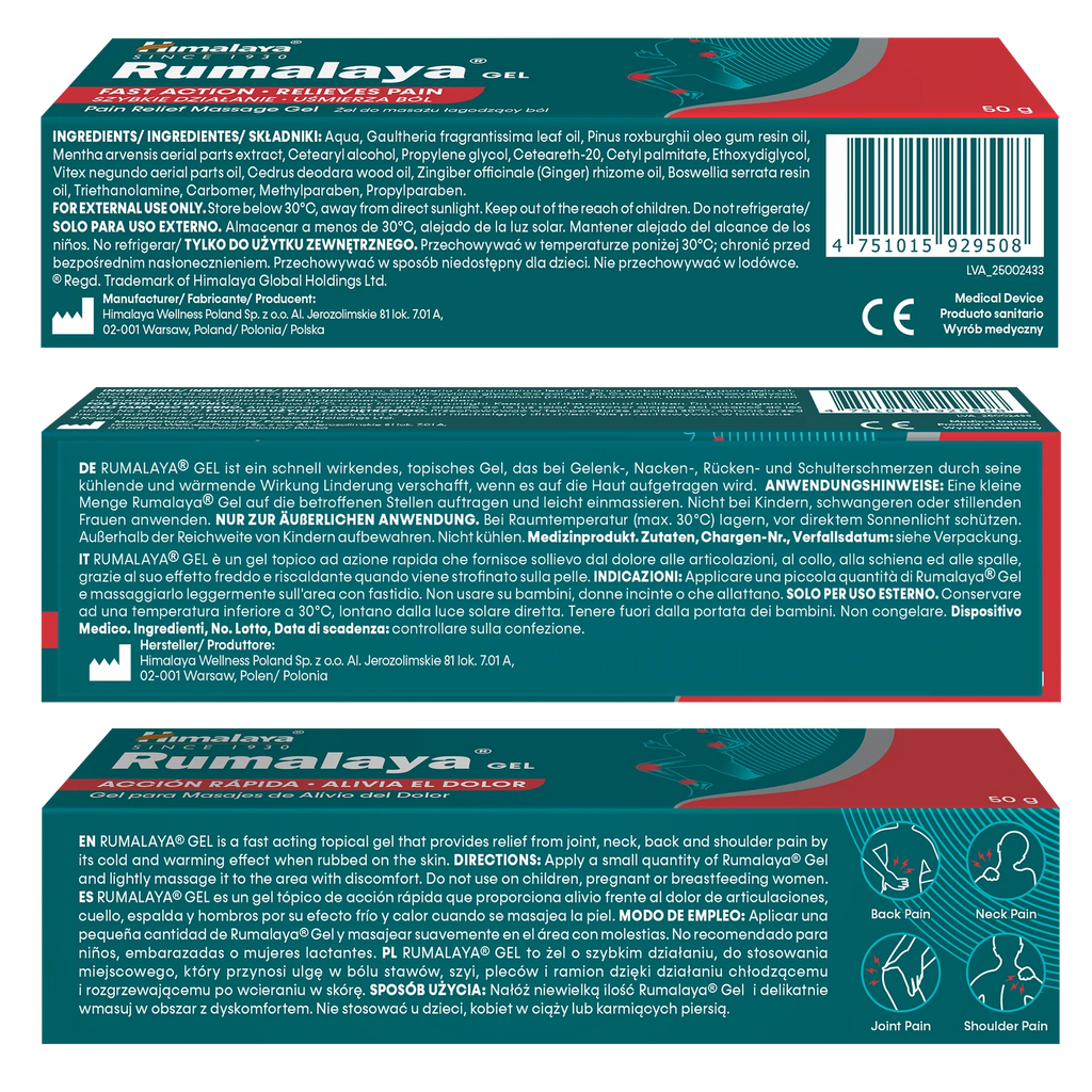 Three stacked views of a Rumalaya Gel packaging box, showing the front, back, and side panels with product details, ingredients, directions, and illustrations of pain relief zones.