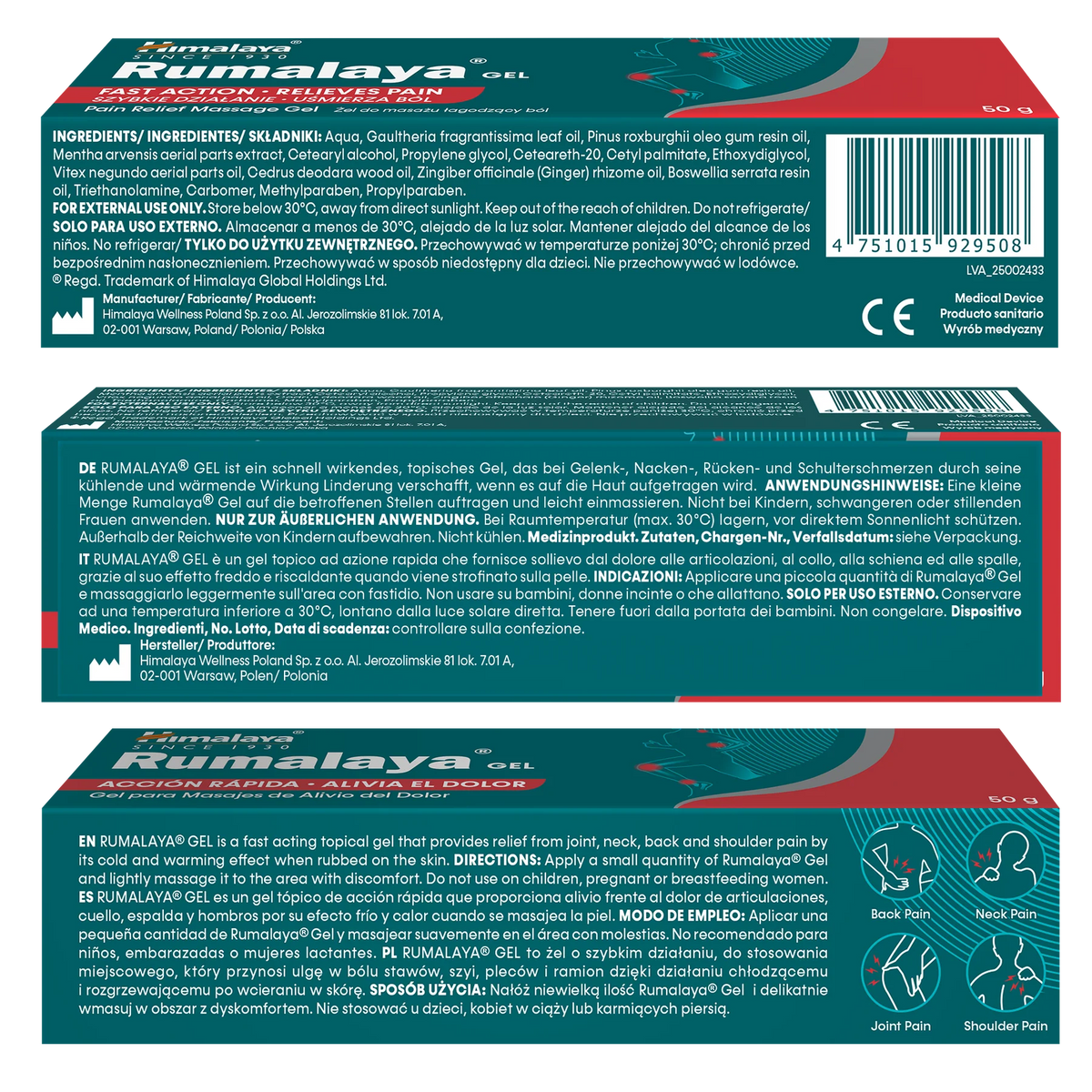 Three stacked views of a Rumalaya Gel packaging box, showing the front, back, and side panels with product details, ingredients, directions, and illustrations of pain relief zones.