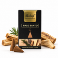 A box of Balaji Palo Santo premium incense cones, flanked by natural palo santo wood logs and three loose brown incense cones on a clean white background.