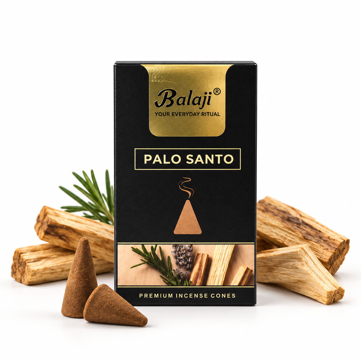 A box of Balaji Palo Santo premium incense cones, flanked by natural palo santo wood logs and three loose brown incense cones on a clean white background.