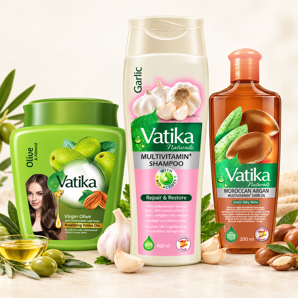 Vatika Stärkungsset – Knoblauch-Shampoo + Olivenöl-Haarmaske + Arganöl