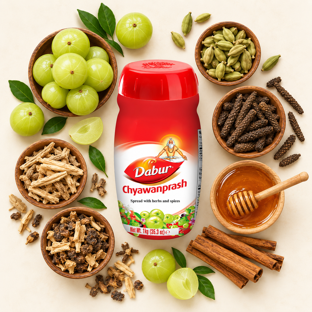 Dabur Chyawanprash 1 kg otoczony składnikami: owoce amli, kardamon, cynamon, długi pieprz i miód