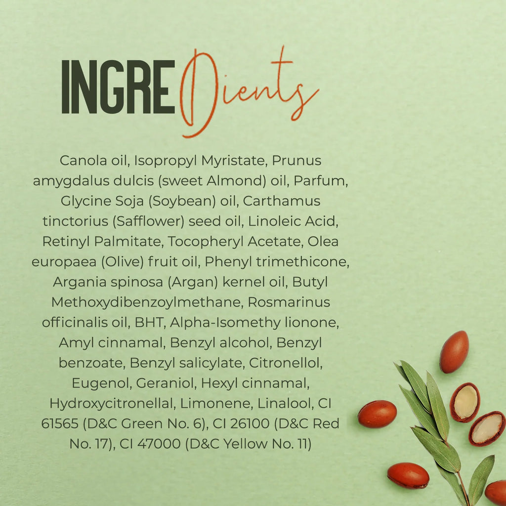 Ingredient list graphic on a light green background with the heading 'INGREDIENTs' in black and orange script. Small botanical illustrations and sliced red fruits appear along the lower right side.