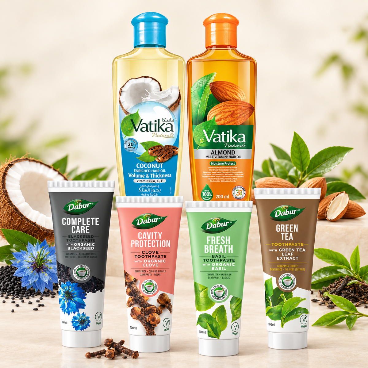 Dabur & Vatika 99-PLN-Set – 4 Dabur Zahnpasten + 2 Vatika Haaröle