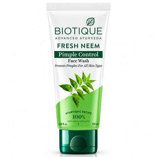 Biotique Fresh Neem Pimple Control Face Wash in a white and green squeeze tube with a dark green cap, shown on a white background.
