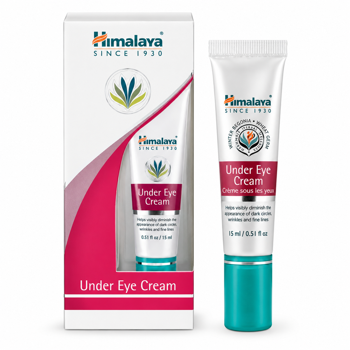 Himalaya Under Eye Cream shown with its white and pink retail box and the squeeze tube itself on a clean white background.