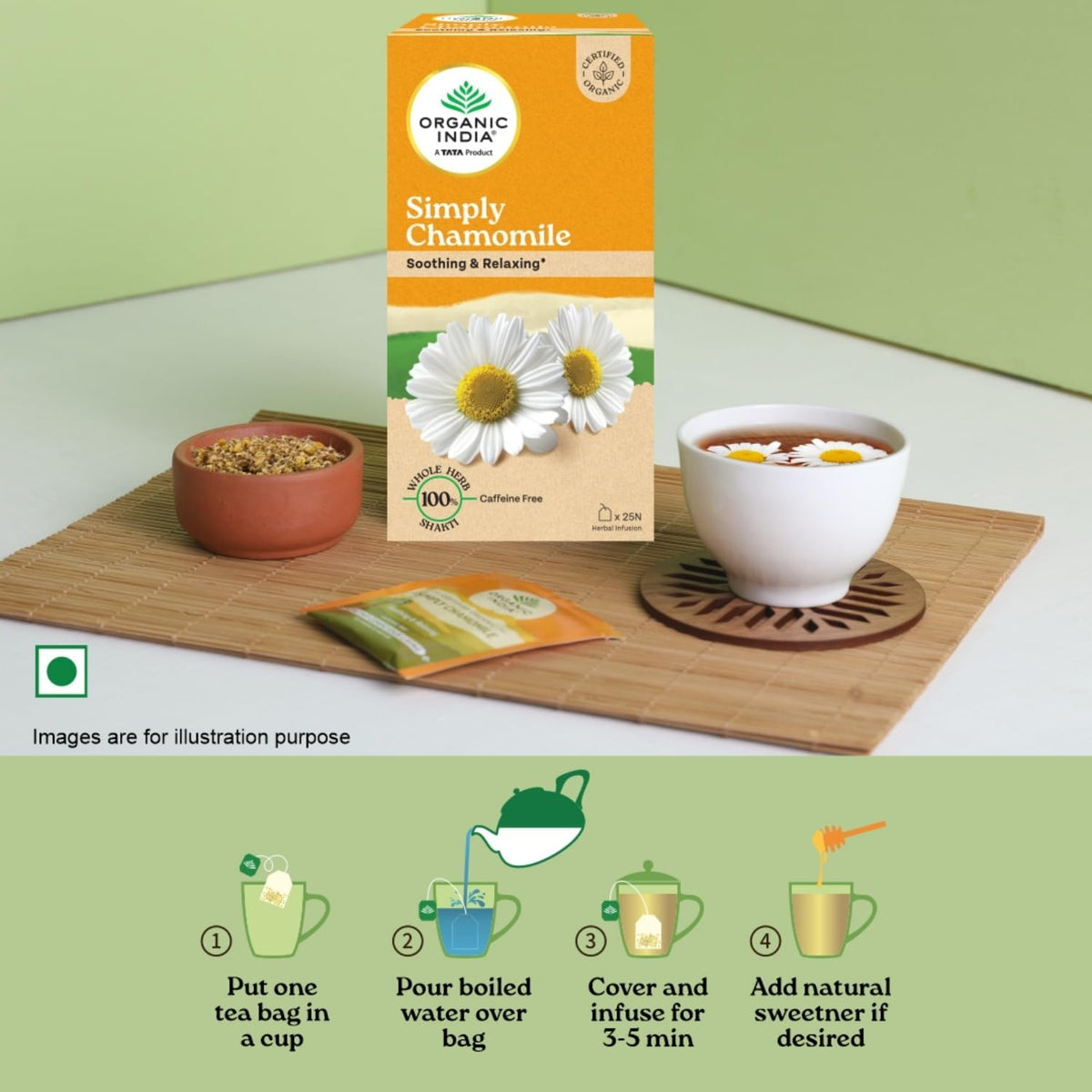 Herbata rumiankowa Organic India w filiżance z kwiatami rumianku i instrukcja parzenia 3–5 minut