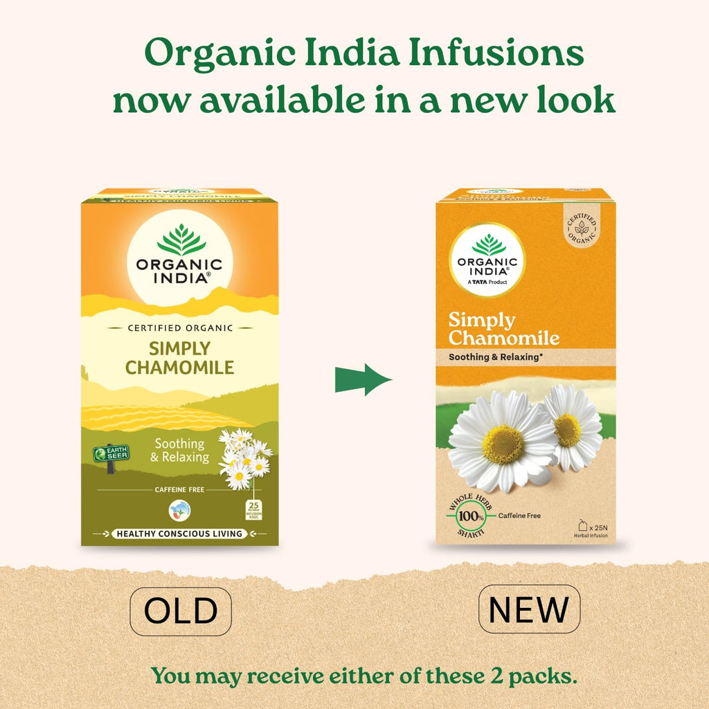 Organic India Simply Chamomile – stara i nowa szata graficzna opakowania