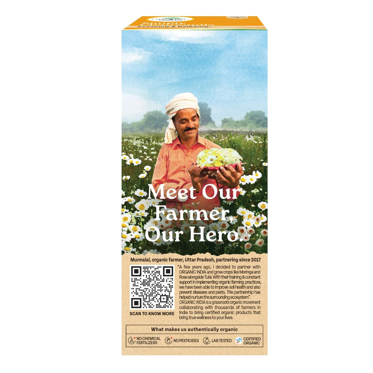 Tył opakowania Organic India Simply Chamomile – rolnik na polu rumianku