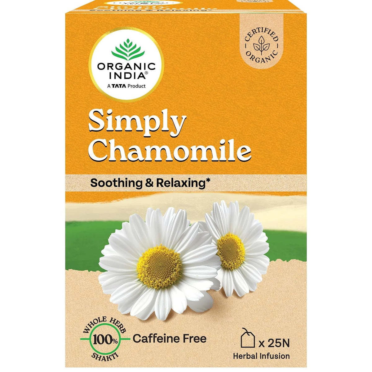Organic India Simply Chamomile – herbata rumiankowa 25 torebek, przód opakowania