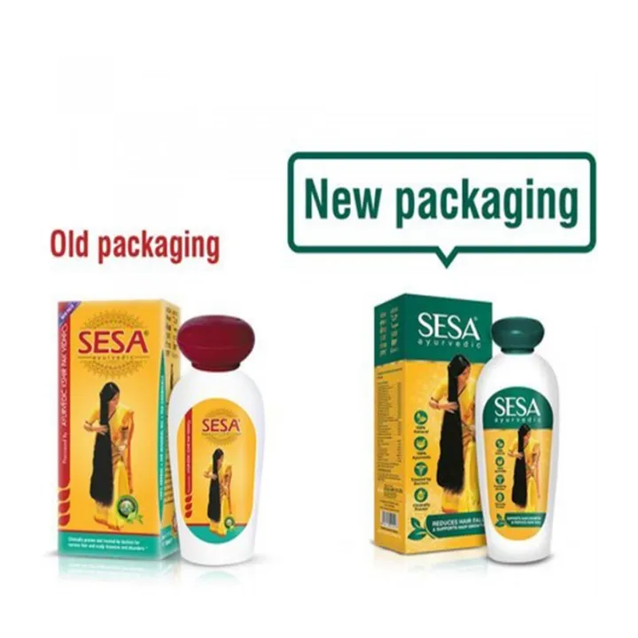 Comparison graphic showing old and new SESA hair oil packaging on a white background. On the left, 'Old packaging' shows a red-capped bottle and yellow/green box.